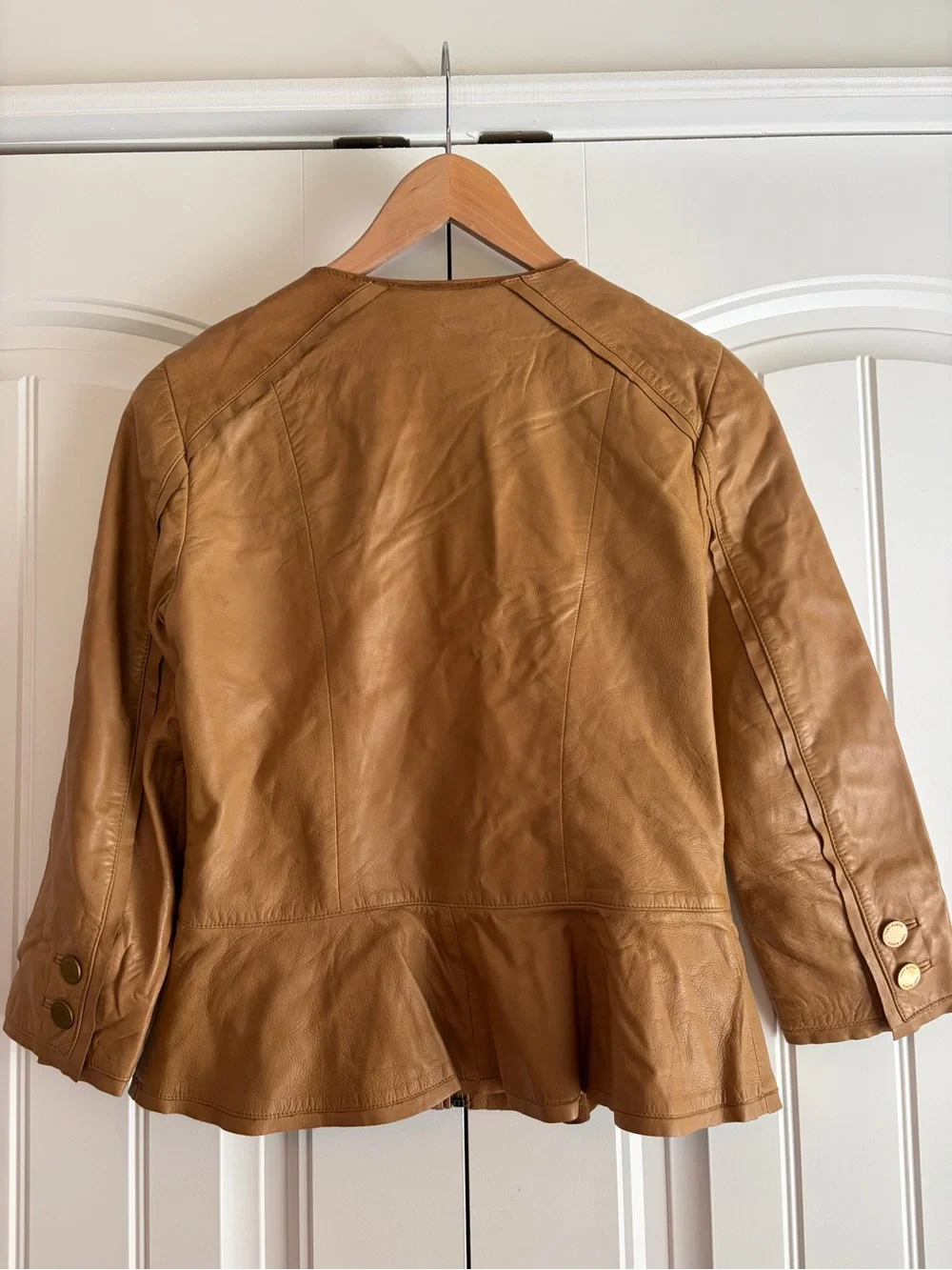 Tory Burch Ruffle Leather Jacket Tan Cognac Brown 3/4 Sleeve Full Zip Women Sz 6